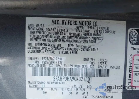 2012 Ford Fusion Se from USA, damaged, VIN 3FAHP0HA9CR321301